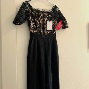 Little Mistress Petite lace applique top tailored jumpsuit in black